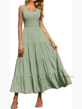 Casual Loose Plain Maxi Sundress Smocked Tank Dress Sleeveless Summer Beach